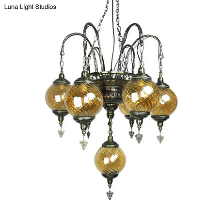 Vintage Amber Swirl Glass Globe Chandelier - Coffee House Pendant Light Fixture