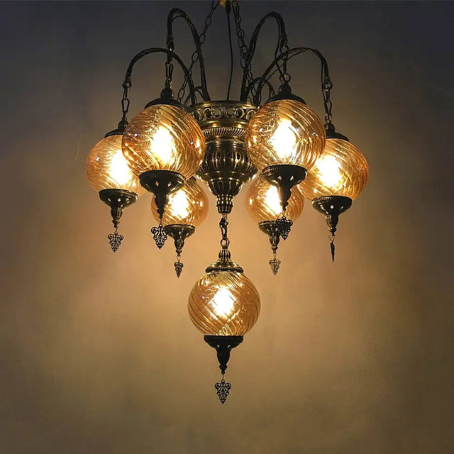 Vintage Amber Swirl Glass Globe Chandelier - Coffee House Pendant Light Fixture