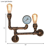 Vintage Antique Brass Iron Wall Mount Lamp With Exposed Bulb And Pressure Gauge - 2 Lights