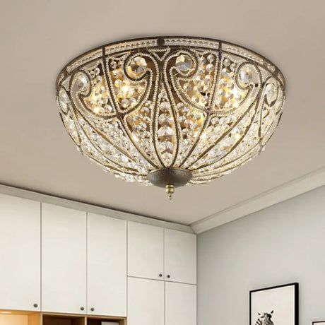 Vintage Antique Bronze Ceiling Light With Beveled Crystal And 3 - Bulb Flush Mount For Hallways