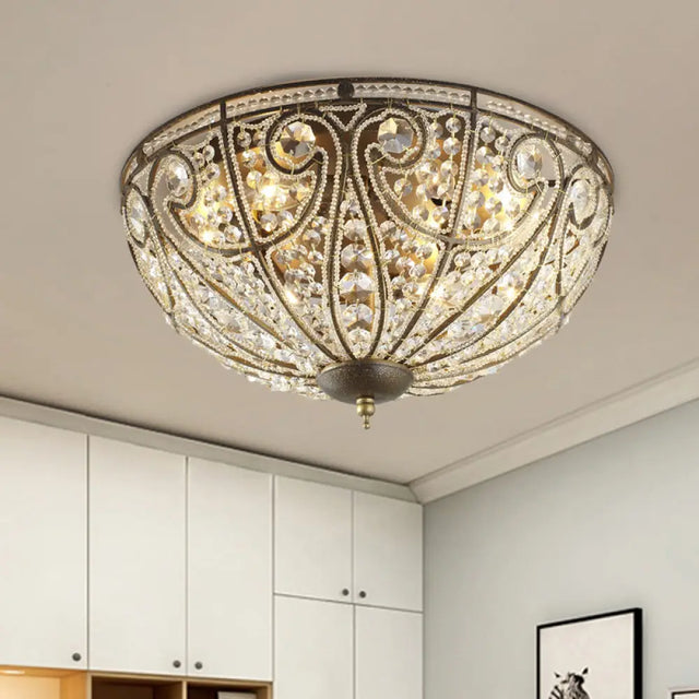 Vintage Antique Bronze Ceiling Light With Beveled Crystal And 3 - Bulb Flush Mount For Hallways