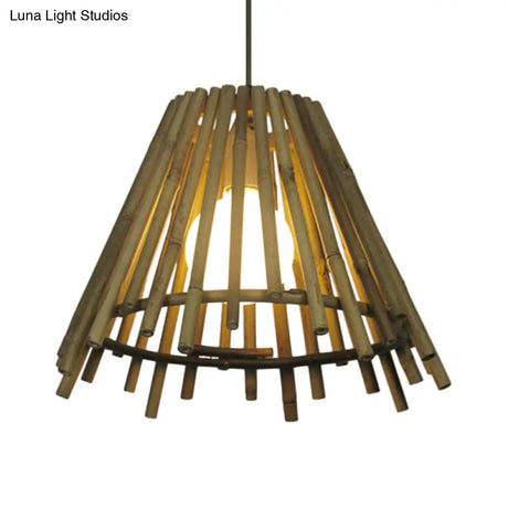 Vintage Bamboo Cone Ceiling Light With Led Bulb & Adjustable Cord