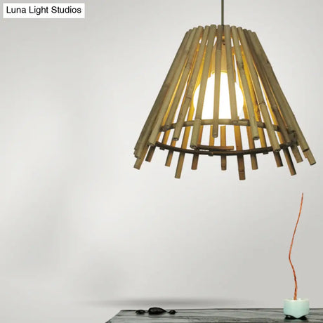 Vintage Bamboo Cone Ceiling Light With Led Bulb & Adjustable Cord
