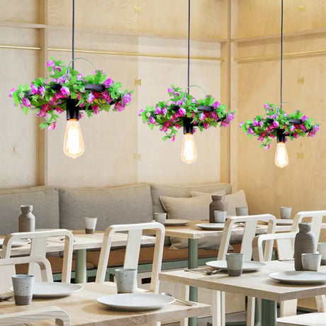 Vintage Bare Bulb Pendant Light Fixture With Led Flower Design For Restaurants Black