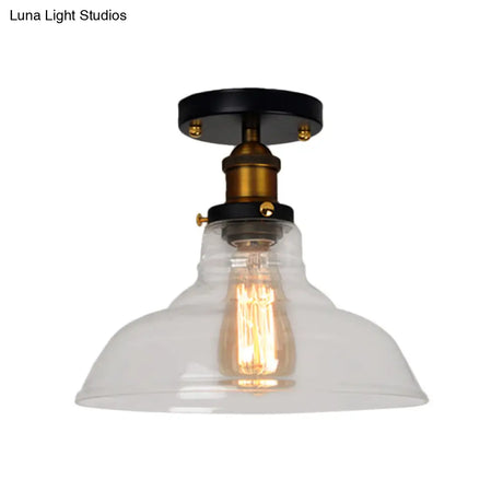 Vintage Barn Semi-Mounted Ceiling Light With Clear/Amber Glass Shade - Ideal For Bedroom 1 Bulb