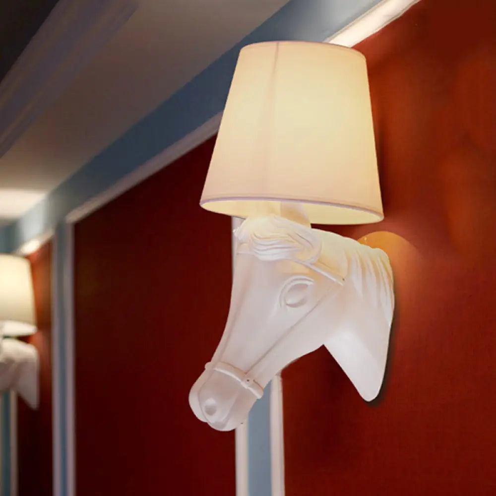 Vintage Barrel Sconce Wall Light With Horse Head Design - White Fabric Lamp Shade 1 Bulb