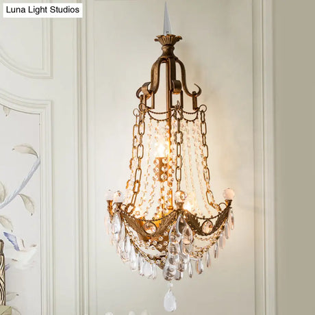 Vintage Beaded Sconce Light Fixture With Crystal Decoration Antique Brass Finish - 3 Lights Wall