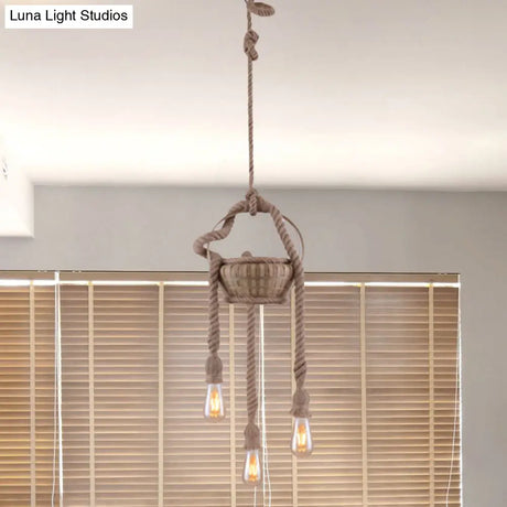 Vintage Beige Hemp Rope Chandelier - Rustic Hanging Light For Living Room