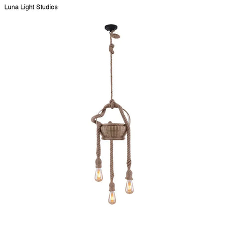 Vintage Beige Hemp Rope Chandelier - Rustic Hanging Light For Living Room