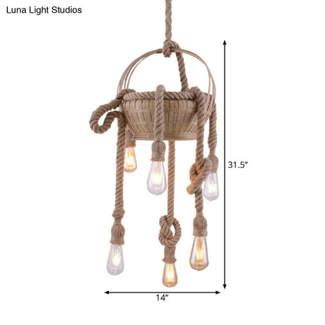 Vintage Beige Hemp Rope Chandelier - Rustic Hanging Light For Living Room