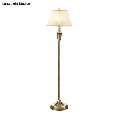 Vintage Beige Pleated Fabric Floor Lamp: Single-Bulb Empire Shade For Living Room