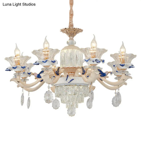 Vintage Beige Ruffle Floral Chandelier Light With Crystal Accent - Faceted Glass For Living Room