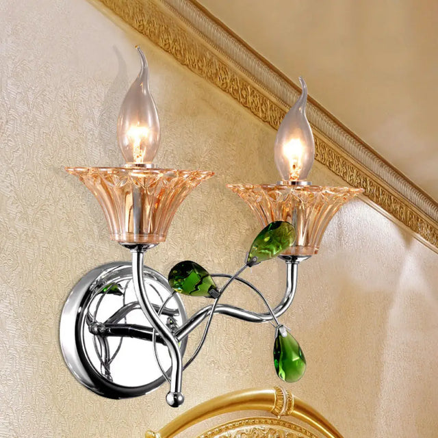 Vintage Bell Amber Glass Sconce Lamp - Stylish Chrome Wall Light With Green Teardrop Crystal Deco