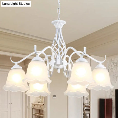 Vintage Bell Chandelier With Ruffle Glass Pendant Light Fixture For Dining Room