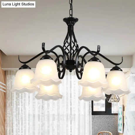 Vintage Bell Chandelier With Ruffle Glass Pendant Light Fixture For Dining Room