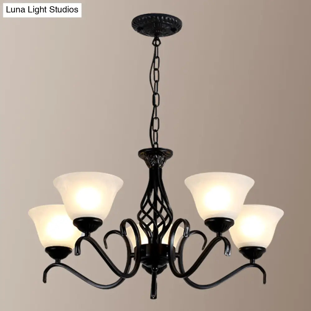 Vintage Bell Chandelier With Ruffle Glass Pendant Light Fixture For Dining Room