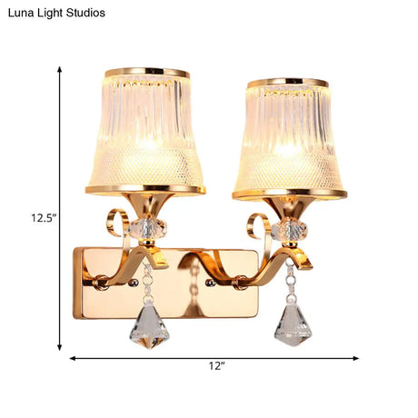 Vintage Bell Sconce Light Fixture Clear Glass Gold Finish Crystal Accent 2 Lights Bedroom Wall Lamp