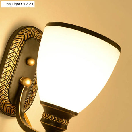 Vintage Bell Wall Sconce Lighting With Opal Glass Shade - Black Corridor Mounted Lamp