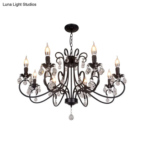 Vintage Bent Arm Frame Ceiling Light - 6/8 Black Lights With Crystal Drop For Living Room