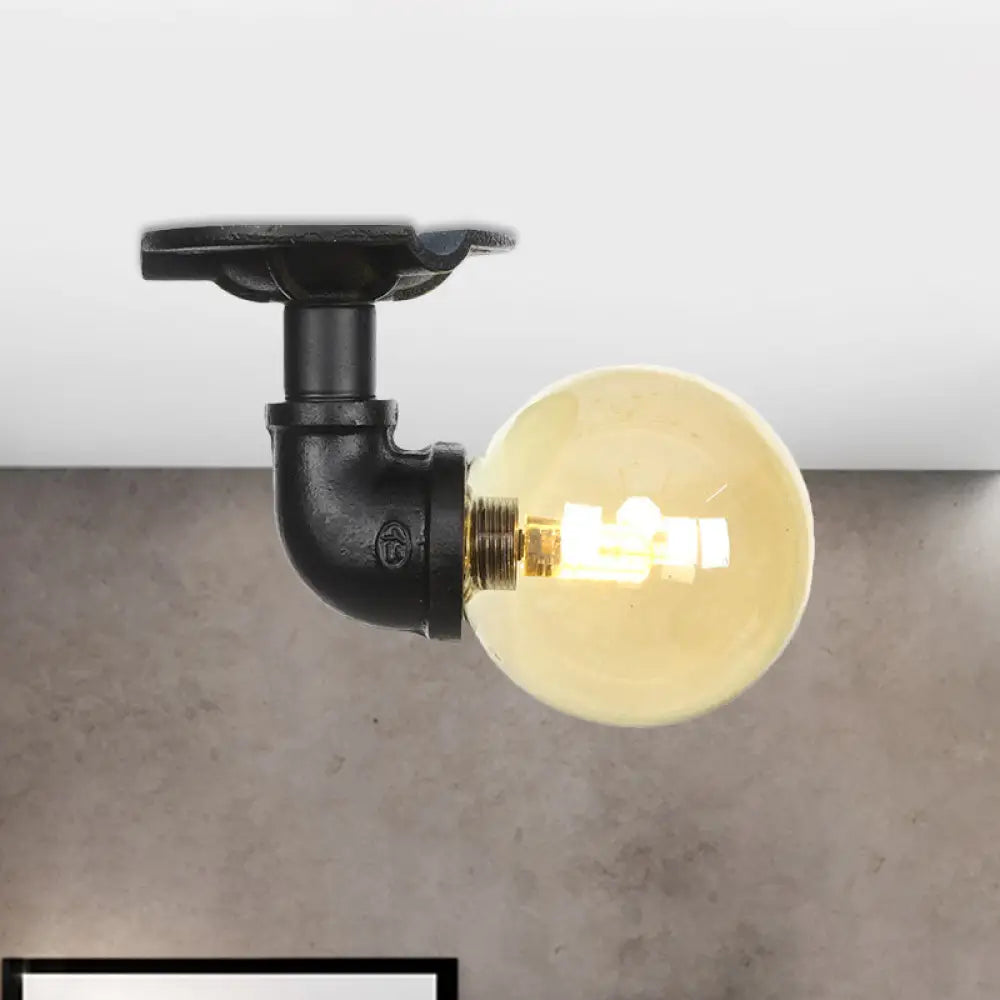 Vintage Black 1 - Light Ball Semi Flush Mount Ceiling Lamp With Amber Glass Finish / A