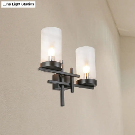 Vintage Black 2-Light Sconce: Clear Glass Cylinder Lighting Fixture - Ideal For Corridor