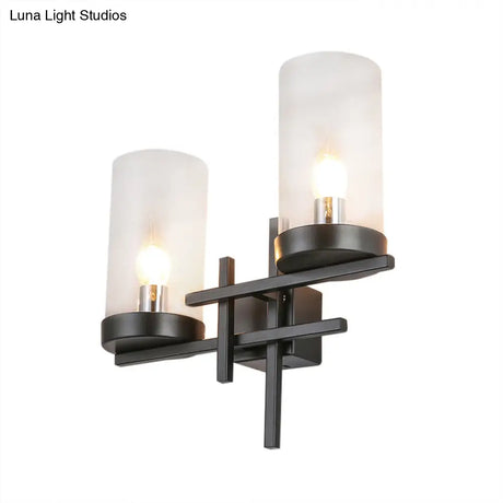 Vintage Black 2-Light Sconce: Clear Glass Cylinder Lighting Fixture - Ideal For Corridor
