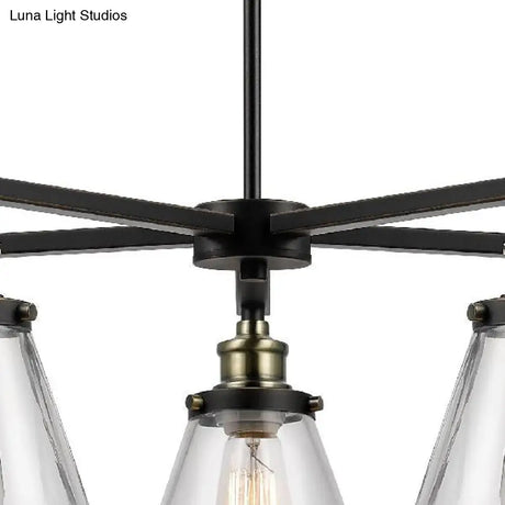 Vintage Black 5-Light Chandelier Pendant With Clear Glass Cone Shades For Dining Room Lighting