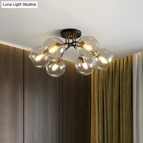 Vintage Black 6 - Head Hotel Ceiling Light With Orb Smoke/Clear Glass Shade