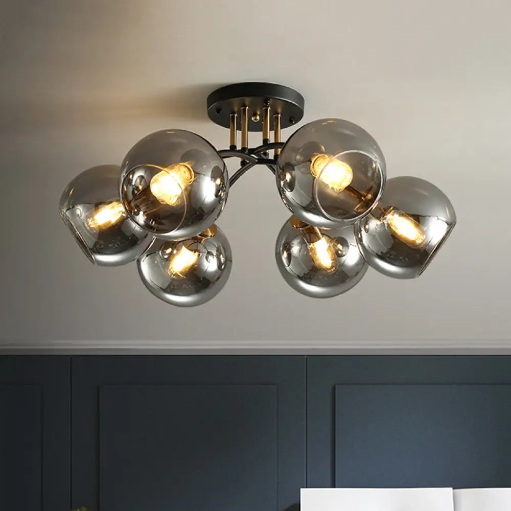 Vintage Black 6 - Head Hotel Ceiling Light With Orb Smoke/Clear Glass Shade Smoke Gray