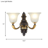 Vintage Black And Gold Frosted White Glass Wall Sconce For Bedroom - 1/2-Bulb Bell Mount Light