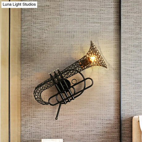 Vintage Black/Brass Iron Wall Sconce Lighting: 1-Light Saxophone Mount Lamp For Bedroom