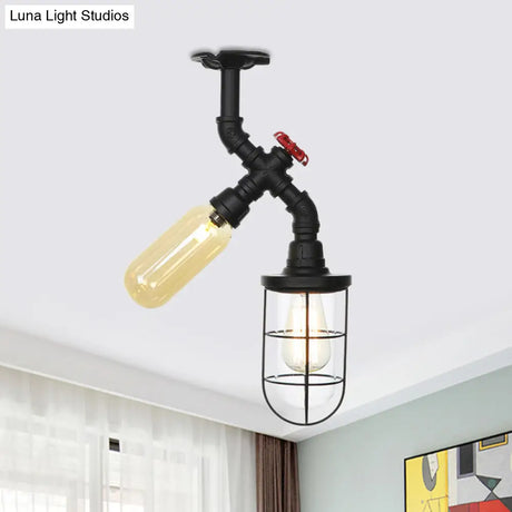 Vintage Black Ceiling Mounted Light With Clear Glass Orb And Cage For Corridors (2 Lights)