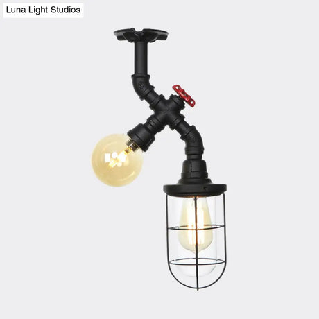 Vintage Black Ceiling Mounted Light With Clear Glass Orb And Cage For Corridors (2 Lights)