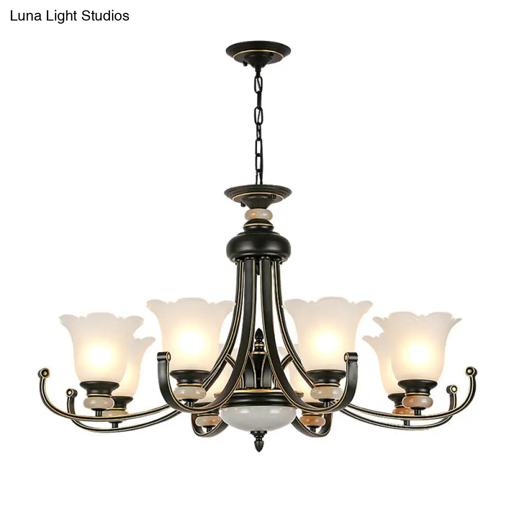 Vintage Black Chandelier: Flower White Glass Ceiling Light 3/6/8 Lights For Bedroom Fixture