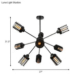 Vintage Black Chandelier Light: Starburst Metal With 9/12/15 Heads & Cylinder Frame Shade For
