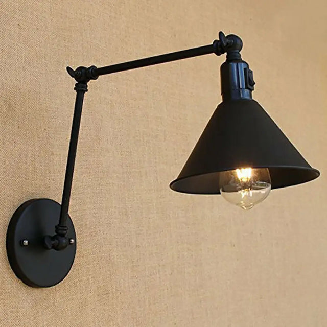 Vintage Black Cone Wall Lamp Kit With Swing Arm & On/Off Button For Bedroom - Iron 1/2-Head Mount