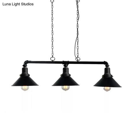 Vintage Black Conical Island Light Fixture - 3-Light Metal Pendant For Dining Room