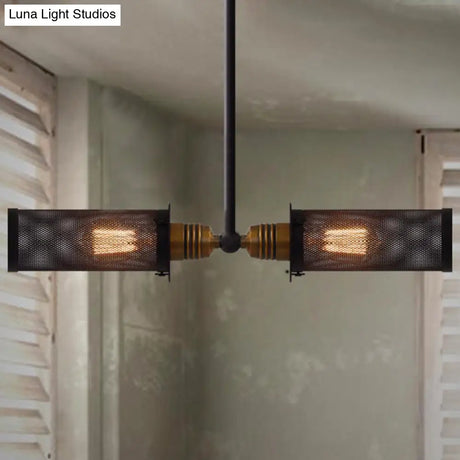 Vintage Black Cylinder Chandelier Lamp: Mesh Shade Iron Frame 2-Light Pendant