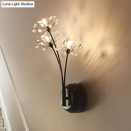 Vintage Black Dandelion Sconce Light With 3 Crystal Wall Lights For Stairway