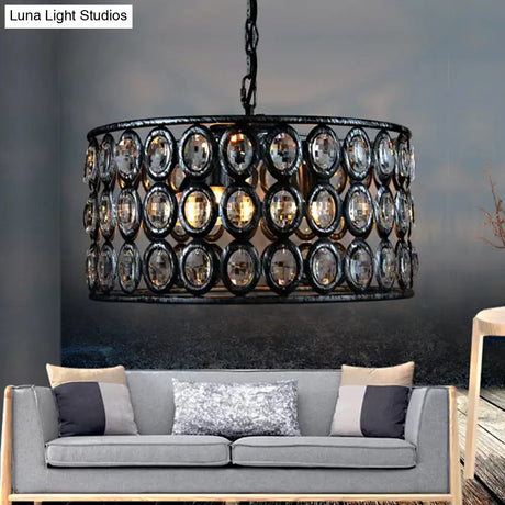 Vintage Black Drum Ceiling Lamp: Metal And Crystal Chandelier With 3 Lights For Living Room