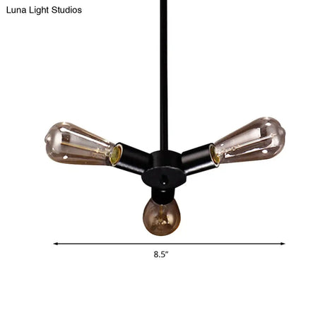 Vintage Black Finish Metal Bare Bulb Chandelier With Hanging Rod - 3/4/5 Lights For Bar
