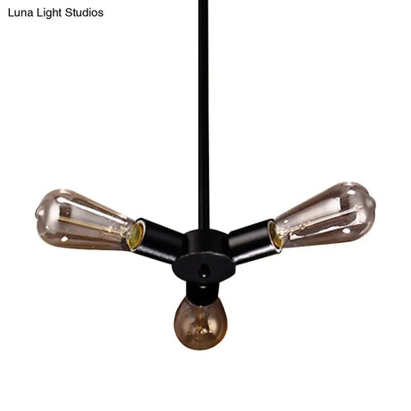 Vintage Black Finish Metal Bare Bulb Chandelier With Hanging Rod - 3/4/5 Lights For Bar