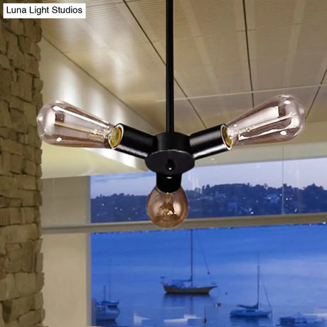 Vintage Black Finish Metal Bare Bulb Chandelier With Hanging Rod - 3/4/5 Lights For Bar