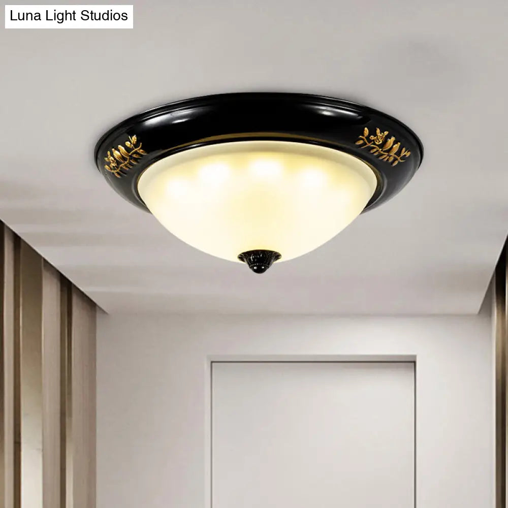 Vintage Black Flush Ceiling Light With Opal Glass Shade For Traditional Living Rooms