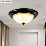 Vintage Black Flush Ceiling Light With Opal Glass Shade For Traditional Living Rooms