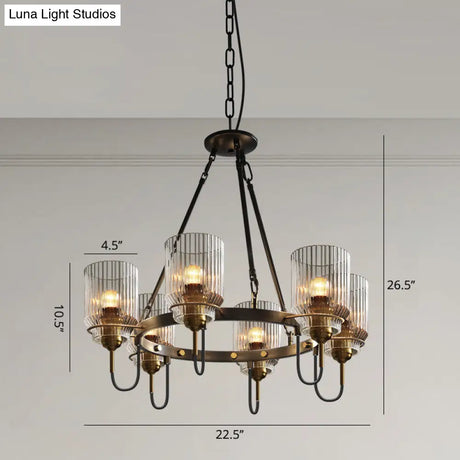 Vintage Black Glass Ribbed Chandelier - Cylindrical Suspension Lamp For Dining Room