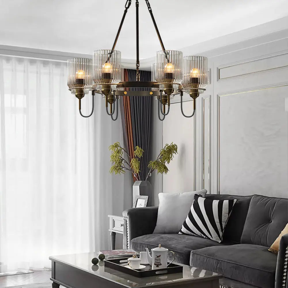 Vintage Black Glass Ribbed Chandelier - Cylindrical Suspension Lamp For Dining Room 6 /