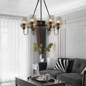 Vintage Black Glass Ribbed Chandelier - Cylindrical Suspension Lamp For Dining Room 6 /