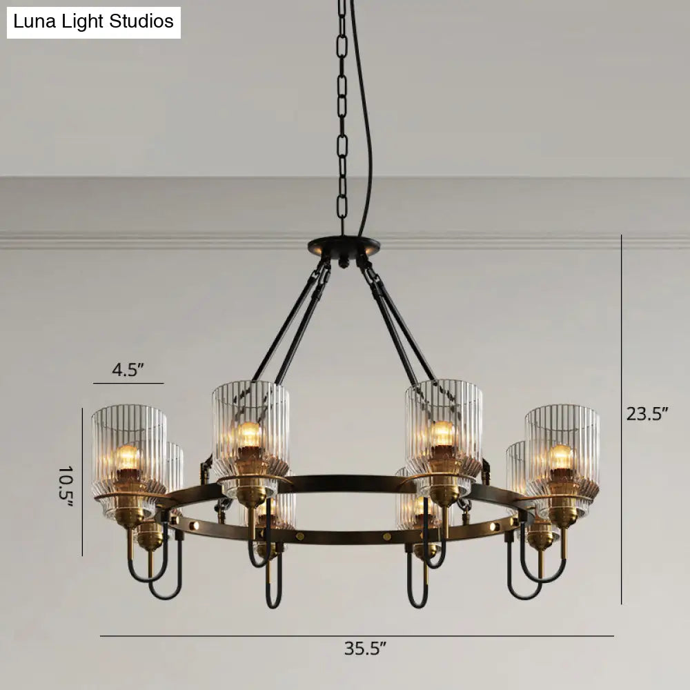 Vintage Black Glass Ribbed Chandelier - Cylindrical Suspension Lamp For Dining Room