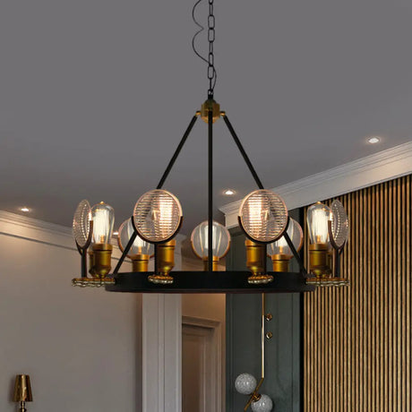 Vintage Black Grid Glass Lens Chandelier Lamp - 6/9/12 Lights Hanging Light Kit For Restaurants 9 /